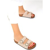 Resim Yazlık Kadın Ortopedik Terlik Taş Detaylı, Çift Tokalı, Soft Tabanlı Ev Terliği Pudra 