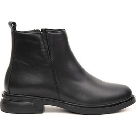 Resim Hakiki Deri Fermuarlı Kauçuk Kaymaz Taban Kadın Bot Siyah 