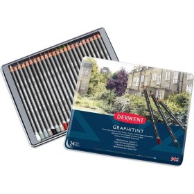 Resim Derwent : Graphitint : Kuru-Sulu Grafit Kalem Seti : 24 Renk Metal Kutu 