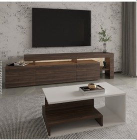 Resim İnarch Dizayn Beliz Led Işıklı Tv Sehpası Ve Vera Orta Sehpa Set - Oturma Odası Modern Takım Beyaz - Ceviz 