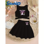 Resim Sanrio Resmi Kızlar İçin Yazlık Siyah Hello Kitty Kuromi My Melody Cinnamoroll Çapraz Askılı Tank Top & Etek 2 Parça Set, Trendy Çapraz Askı Tasarımı Nefes Alabilen Açık Bej Kumaş Casual Spor Tarz, Kızlar İçin Mükemmel Hediye 