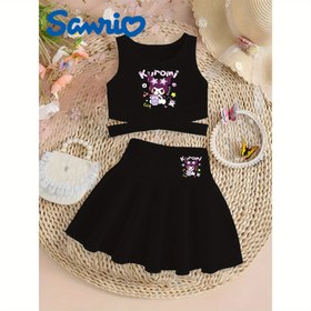 Resim Sanrio Resmi Kızlar İçin Yazlık Siyah Hello Kitty Kuromi My Melody Cinnamoroll Çapraz Askılı Tank Top & Etek 2 Parça Set, Trendy Çapraz Askı Tasarımı Nefes Alabilen Açık Bej Kumaş Casual Spor Tarz, Kızlar İçin Mükemmel Hediye 
