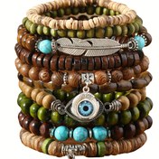 Resim Boho Stili 10 Parça Set Tüy, Nazar Boncuğu ve Kanatlı Charm'lı Ahşap Boncuk Bileklikler - Çiftler İçin Doğal Ahşap ve Turkuaz Boncuk Bileklik Seti 