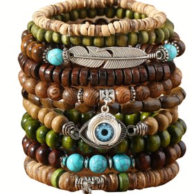 Resim Boho Stili 10 Parça Set Tüy, Nazar Boncuğu ve Kanatlı Charm'lı Ahşap Boncuk Bileklikler - Çiftler İçin Doğal Ahşap ve Turkuaz Boncuk Bileklik Seti 