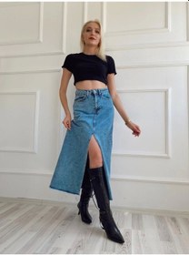 Resim Kadın Önden Yırtmaçlı Denim Etek Buz Mavi 