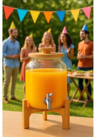 Resim 4 Litre Cam Şerbetlik Musluklu, Bambu Standlı Sunumluk Sebil İçecek Dispenseri Şeffaf 