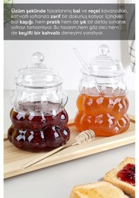 Resim 2'li Kaşıklı Borosilikat Cam Bal Kavanozu - Kapaklı Boncuk Şekilli Reçellik Bal Reçel Kavanozu 400ml Şeffaf 