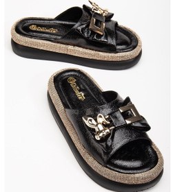 Resim Kadın Taşlı Dolgu Topuk Terlik Siyah Metal Tavşan Aksesuarlı -3757 Siyah 