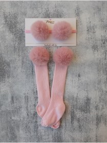 Resim pempem bandana Kız Bebek Pembe Renkli Ponponlu Çorap Bandana Set 
