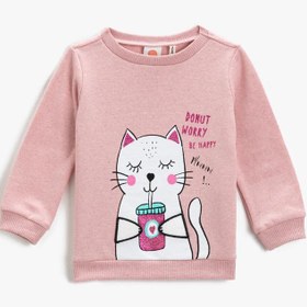 Resim Kız Bebek Kedi Baskılı Sweatshirt Bisiklet Yaka 