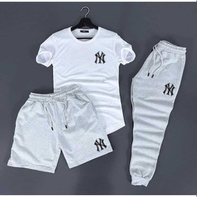 Resim Fifty Color NY Baskı 3'lü Slim Fit Unisex Tshirt-Şort-Eşofman Takımı Gri - Beyaz 