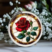 Resim Stained Glass Kırmızı Gül El Tipi Makyaj Aynası - Ultra Gerçekçi, Katlanabilir Yuvarlak Tasarım Günlük Kullanım ve Özel Günler İçin Cilalı Paslanmaz Çelik Çerçeve, Günlük Makyaj | Stained Glass Ayna | Paslanmaz Çelik Çerçeve, Banyo İçin Makyaj Aynası 