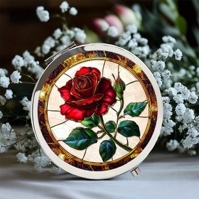 Resim Stained Glass Kırmızı Gül El Tipi Makyaj Aynası - Ultra Gerçekçi, Katlanabilir Yuvarlak Tasarım Günlük Kullanım ve Özel Günler İçin Cilalı Paslanmaz Çelik Çerçeve, Günlük Makyaj | Stained Glass Ayna | Paslanmaz Çelik Çerçeve, Banyo İçin Makyaj Aynası 