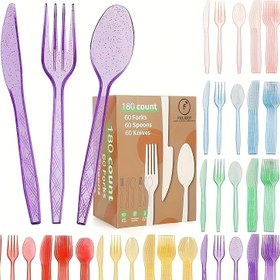 Resim 30 parça parlak kırmızı, sarı ve mor renkli plastik mutfak gereçleri, seçime açık. Ağır hizmet tipi tek kullanımlık şeffaf plastik mutfak gereçleri, partiler için mükemmel, doğum günü kutlamaları için çok renkli tek kullanımlık mutfak gereçleri seti içerir. 
