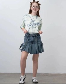 Resim Kız Çocuk Askılı Pileli Tasarım Denim Etek-15535 Mavi 