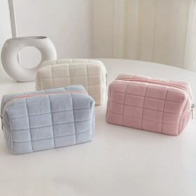Resim 1 adet Yastıklı Kozmetik Organizatör Çantası - Büyük Kapasite, Şık Minimalist Tasarım ile Fermuar Kapatma, Seyahat ve Günlük Kullanım için Mükemmel, Mavi, Pembe ve Beyaz Renklerde Mevcut, Seyahat Kozmetik Çantası | Yastıklı Dokulu | Fermuar Kapatma Çantası, Kozmetik Seyahat Çantası 