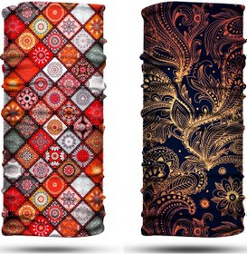 Resim Altın Yaprak - Motif Desenli 2'li Set Boyunluk Bandana Outdoor Balaklava Yüz Maskesi Kafa Bandı 