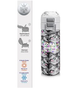 Resim Coral High Kids Gri Kedi Desenli Pipetli Ve Direkt İçim Çelik Termos 500 Ml 31851 Çok Renkli 