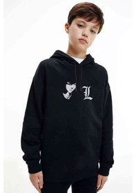 Resim Death Note L Baskılı Unisex Çocuk Kapüşonlu Siyah Sweatshirt 
