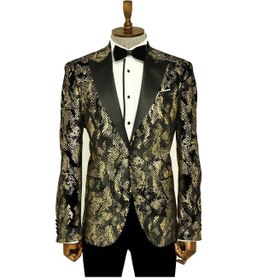 Resim Wessi Dik Yaka Slim Fit Altın Desenli Siyah Erkek Balo Ceketi - Wessi Siyah 
