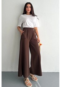 Resim Kadın Bel Lastikli Cepli Bol Paça Koton Kahve Pantolon Kahve 