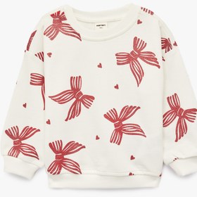 Resim Kız Bebek Fiyonk Baskılı Uzun Kollu Bisiklet Yaka Pamuklu Şardonlu Sweatshirt 