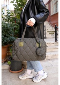 Resim Mopia Haki Kadın Cüzdanlı Puf Kapitone Desen Bavul Çanta 