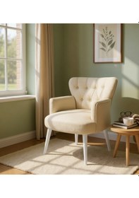 Resim Waterybrook Tekli Berjer Koltuk - Kapitoneli Babyface Kumaş - Beyaz Ahşap Ayaklı - Retro Modern Tasarım Krem 