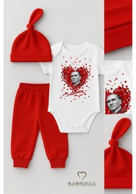 Resim Babyden's Atatürk Temalı Kısa Kollu 3 Lü Yenidoğan Bebek Takımı Body + Pantolon + Bere Kırmızı-beyaz Pamuklu Kırmızı - Beyaz 
