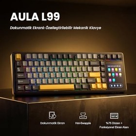 Resim Aula L99 4" Akıllı Dokunmatik Ekranlı 3 Modlu RGB Hot Swap Raindrop Switch Mekanik Kablosuz Oyuncu Klavyesi Mor 