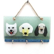 Resim Dekoratif Füzyon Cam Üçlü Köpek Desenli Anahtar Askısı Anahtarlık Dekor 