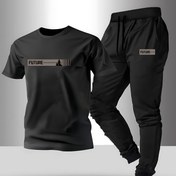 Resim Erkek Giyim Mağazası Yuvarlak Yaka Kısa Kollu Üst ve Bağcıklı Jogger Pantolon 2 Parça Set Yaz, İlkbahar ve Sonbahar Koşuları için Rahat 
