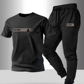 Resim Erkek Giyim Mağazası Yuvarlak Yaka Kısa Kollu Üst ve Bağcıklı Jogger Pantolon 2 Parça Set Yaz, İlkbahar ve Sonbahar Koşuları için Rahat 
