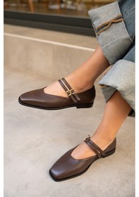 Resim Jadon Acı Kahve Deri Kadın Çift Toka Detaylı Babet Acı Kahverengi 