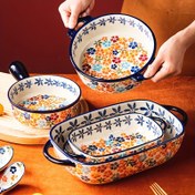 Resim El Boyaması Seramik Pişirme Kase Saplı - Renkli, Yuvarlak Salata, Barbekü & Peynir Tencereleri - Çiçek Desenli Fırına Dayanıklı Mutfak Seti 
