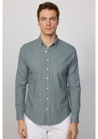 Resim Tudors Erkek Slim Fit Dar Kesim %100 Pamuk Keten Doku Düğmeli Yaka Gri Gömlek-27505 