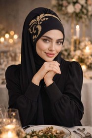 Resim Aişe tesettür Siyah Gold Motif Simli Abiye Şal 