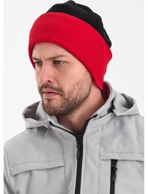 Resim Erkek Siyah Polar Dış, Kahve Pamuklu Iç Kısım, Çift Renk Çift Katmanlı Katlanabilir Yumuşak Bere - Standart / Siyah-kırmızı Siyah-kırmızı 