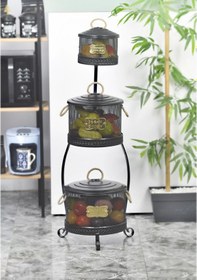 Resim Metal Standlı 3 Katlı Delikli Patates Soğan Sarımsak Kovası Siya 