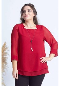 Resim Moda Berray 1934 Kolyeli Şifon Büyük Beden Şık Bluz Kırmızı Kırmızı 