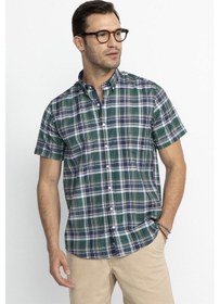 Resim Tudors Classic Fit Kısa Kol Ekoseli Düğmeli Yaka Erkek Yeşil Gömlek-27061-Yeşil 