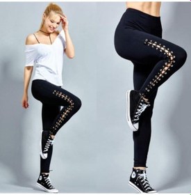 Resim Siyah Moda Kadınlar Yüksek Bel Tayt Kalem Pantolon Dantel Up Ince Bandaj Pantolon Gym Fitness Eğitim Eşofman Altları Siyah 