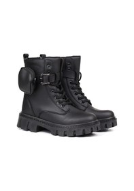 Resim Kadın Siyah Postal Bot Cüzdanlı Kalın Taban Fermuarlı Bağcıklı Tokalı Rahat Günlük Şık Ve Dayanıklı Siyah 