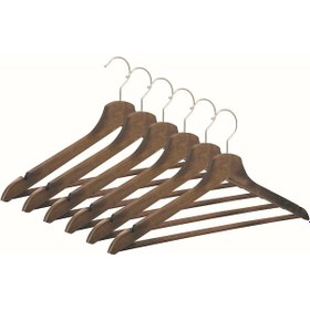 Resim Nyn Ahşap Askı M-002 Barlı Elbise Pantolon Askısı Ceviz Renk 6 Adet Kahverengi 