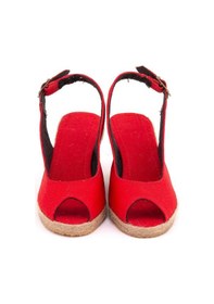 Resim Star Tombis Gerçek Elişi Burnu Açık Arkası Bantlı Dolgu Topuk Kırmızı Keten Hasır Espadril Handmade Kırmızı 