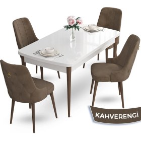 Resim Canisa Concept Nev Serisi 80 x 132 cm Açılabilir Beyaz Masa Ceviz Ayak Masa Takımı 4 Sandalye Gold Halkalı 