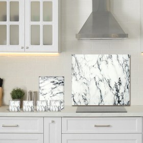 Resim Decorita 3'lü Takım Beyaz Mermer Görünümlü | Cam Ocak Arkası - Cam Kesme Tahtası- Tablası - Bardak Altlığı 