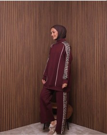 Resim Günlük Moda Kadın Tesettür Eşofman Takımı 2 Li Leopar Detaylı Bordo 