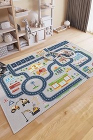 Resim Dijital Kaymaz Yıkanabilir Arabalı Yol Haritası Oyun Halısı Çocuk Odası Halısı Oyun Matı,Mavi 160 X 250 