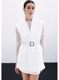 Resim Sateen Kemerli Uzun Yelek - Ekru-135806 Ekru 